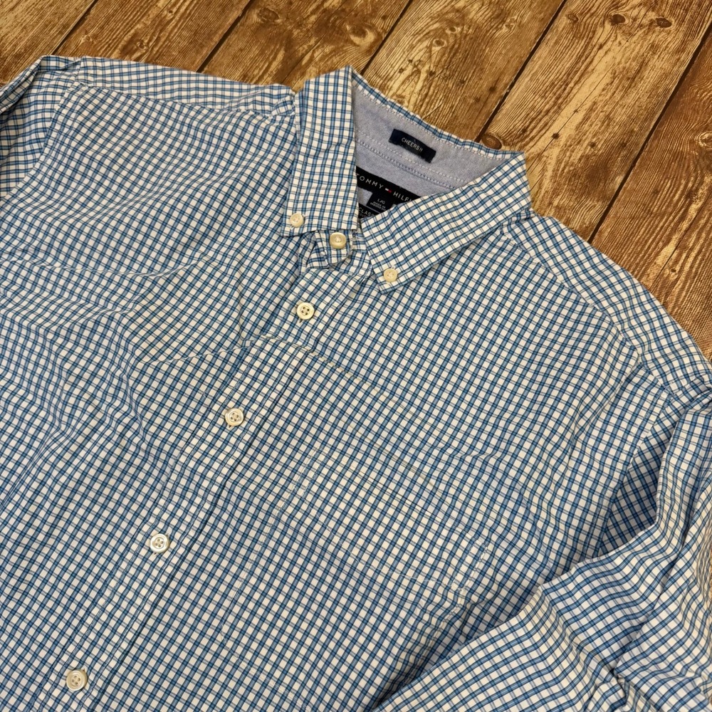 Tommy Hilfiger Classic Fit Button Down Mens Large Blue Gingham Plaid Cotton